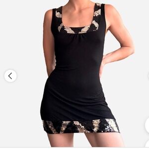 Express Black Sequined Shift Dress Size Small Y2K Square Neck Fitted